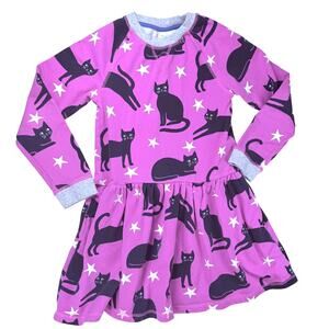 Mini Boden Girls Black Cat Print Cotton Dress in Pink Size 9-10
